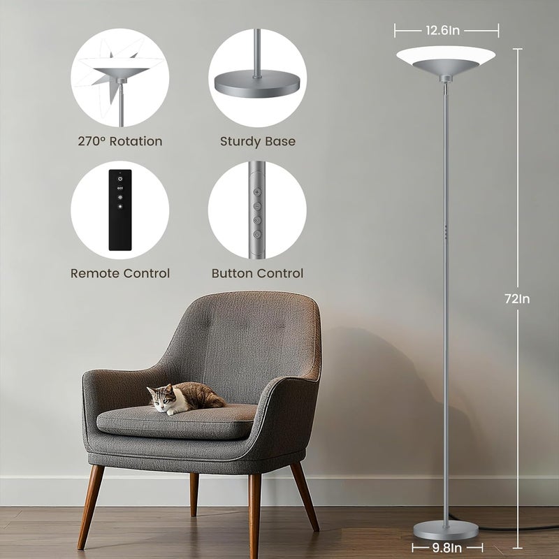 SIBRILLE Silver Torchiere Floor Lamp - 30W Dimmable LED Standing Lamp with Remote/Button Control, 1800Lm, 3000-6500K, 72in Bright Standing Pole Light for Living Room Bedroom Office Corner - Image 2